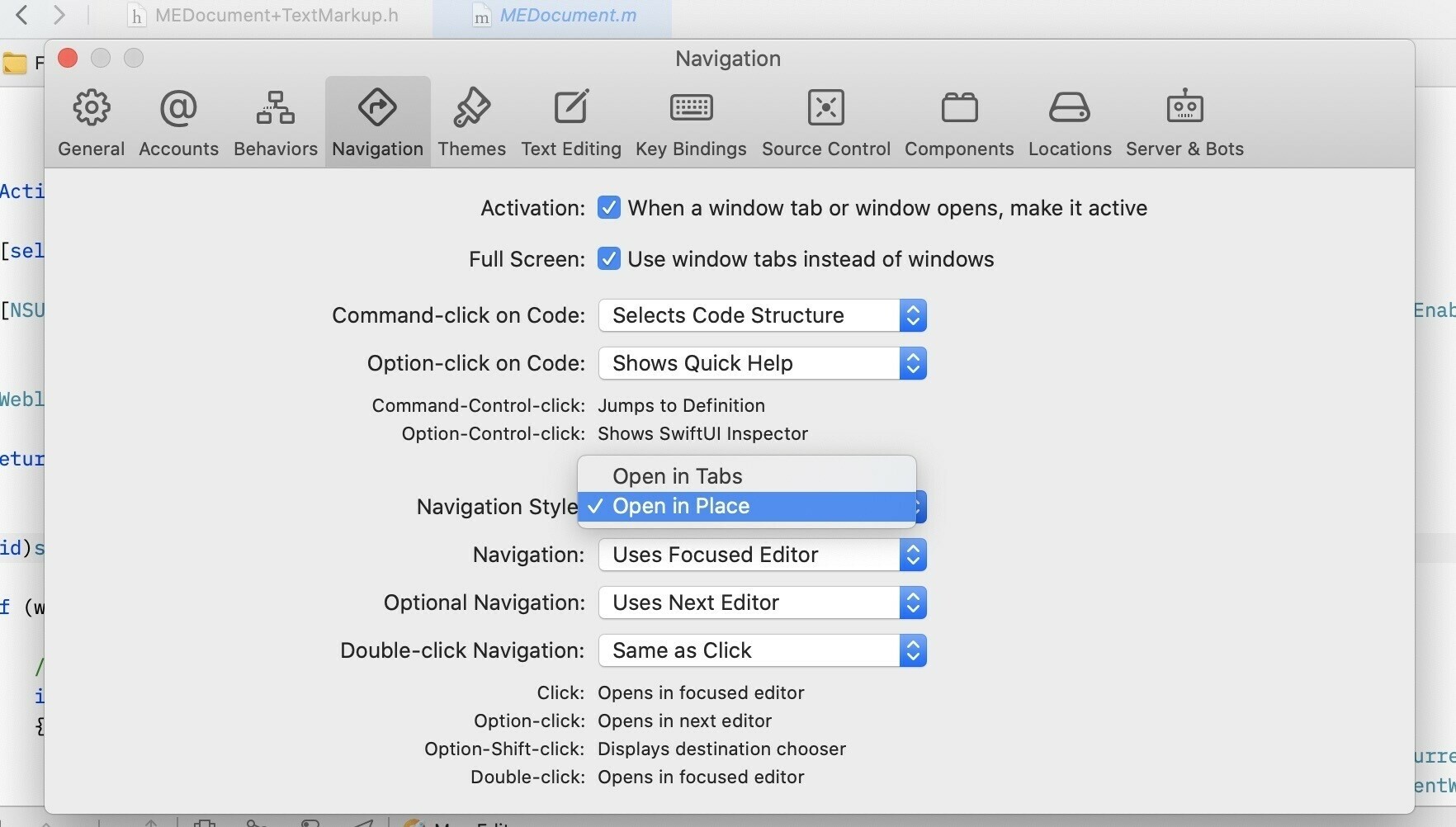 Screenshot of Xcode preferences showing an option for "Navigation Style" with a popup menu offering to "Open in Tabs" or "Open in Place".