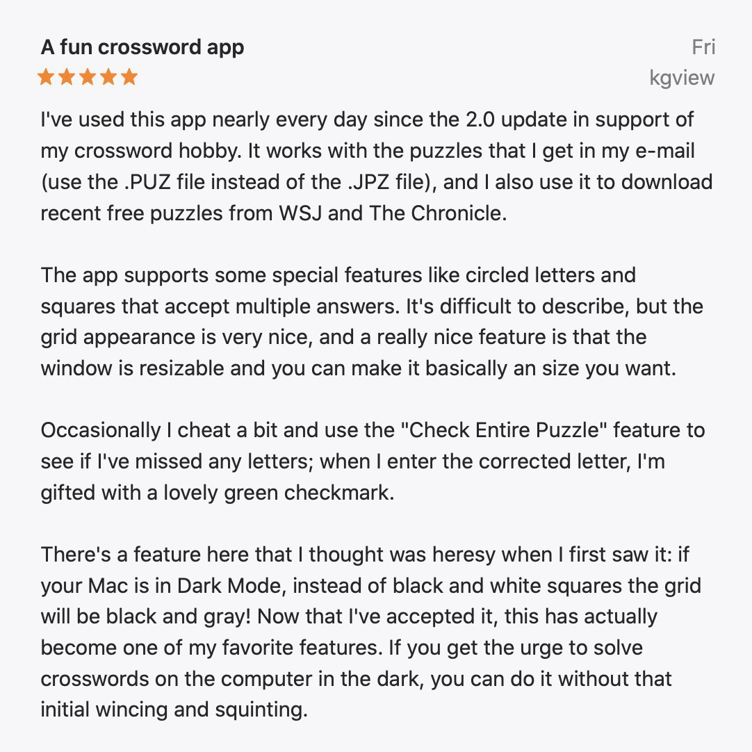 Screenshot of a long app store review. Full text does. Search Black Ink on the Mac App Store to read the pertinent review from "kgview", if interested.
