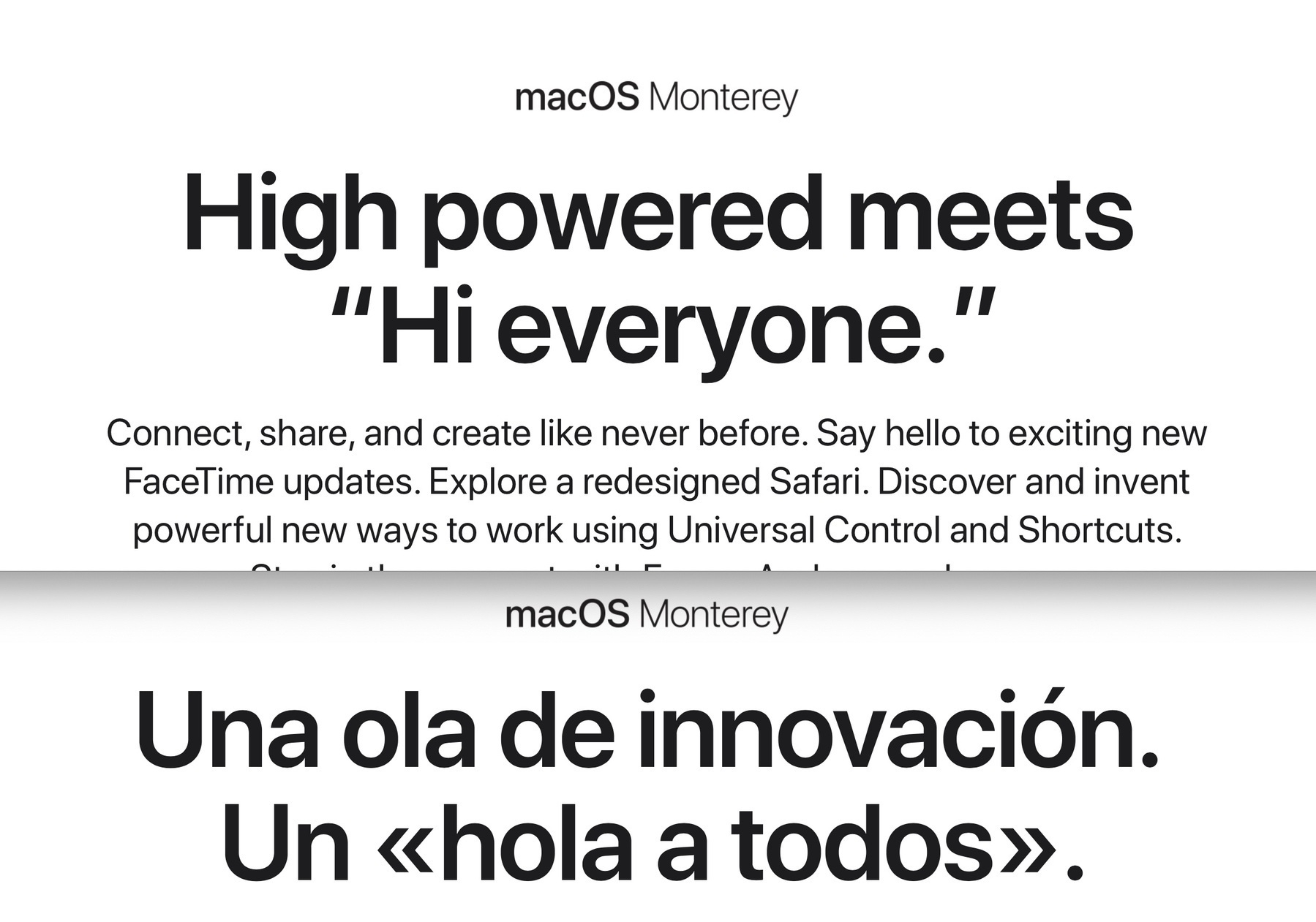Screenshot of the English and Spanish marketing headlines for macOS Monterey: "High powered meets 'Hi everyone'" and "Una ola de innovación. Un 'hola a todas'".