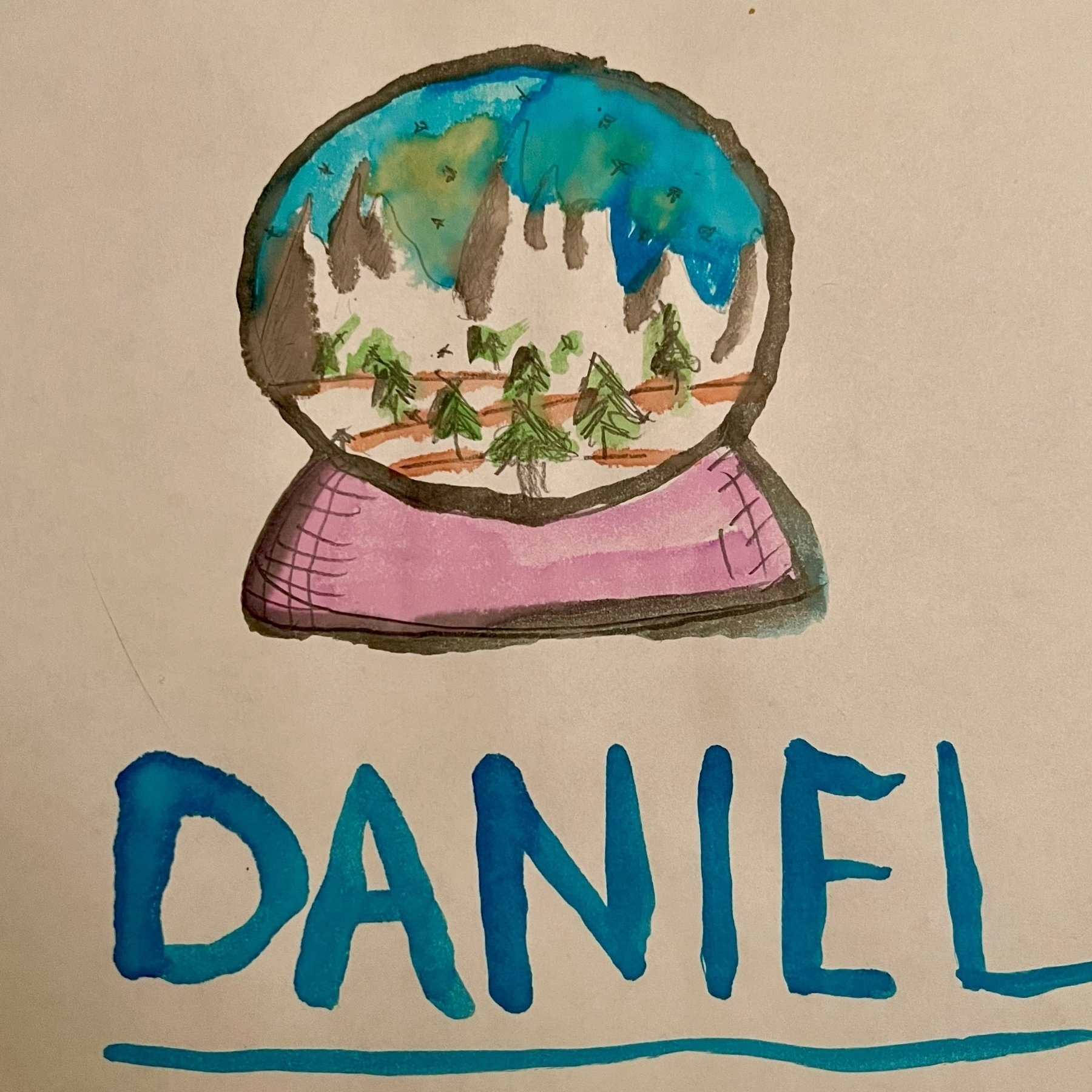 picture of a watercolor painting of a snow globe with signed name "DANIEL" below.