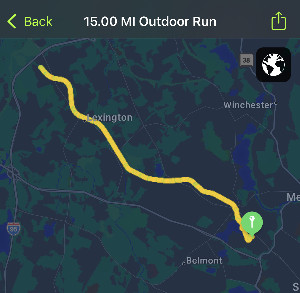 Map with running route totaling 15 miles