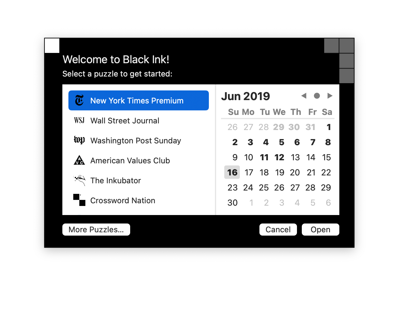 Screenshot of Black Ink's puzzle downloader panel, including a calendar with available puzzles, and un-downloaded puzzle days shown in bold.