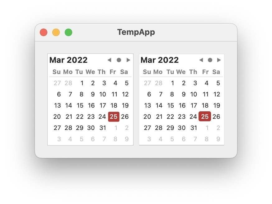 Screenshot of test development app showing a customized calendar control side by side with Apple's standard calendar control, appearing almost identical.