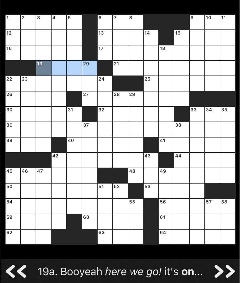 Screenshot of a puzzle grid on dark background with styled text "Booyeah here we go! It's on" featuring italicized and bolded text.