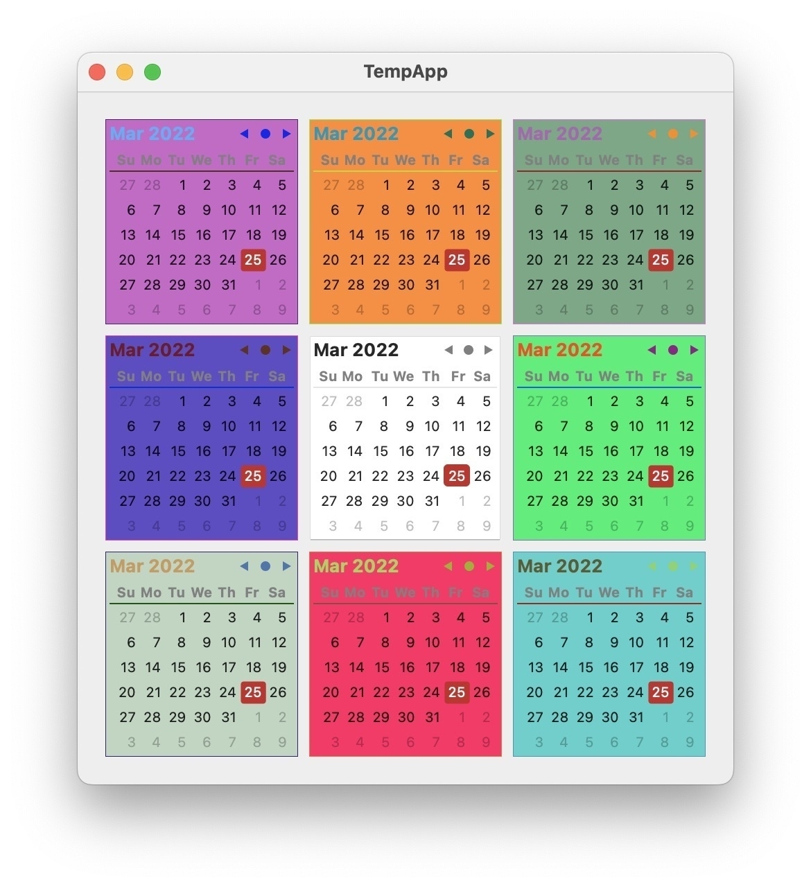 Screenshot of test debugging app with standard Apple calendar in the center and a variety of differently colored calendars around it.
