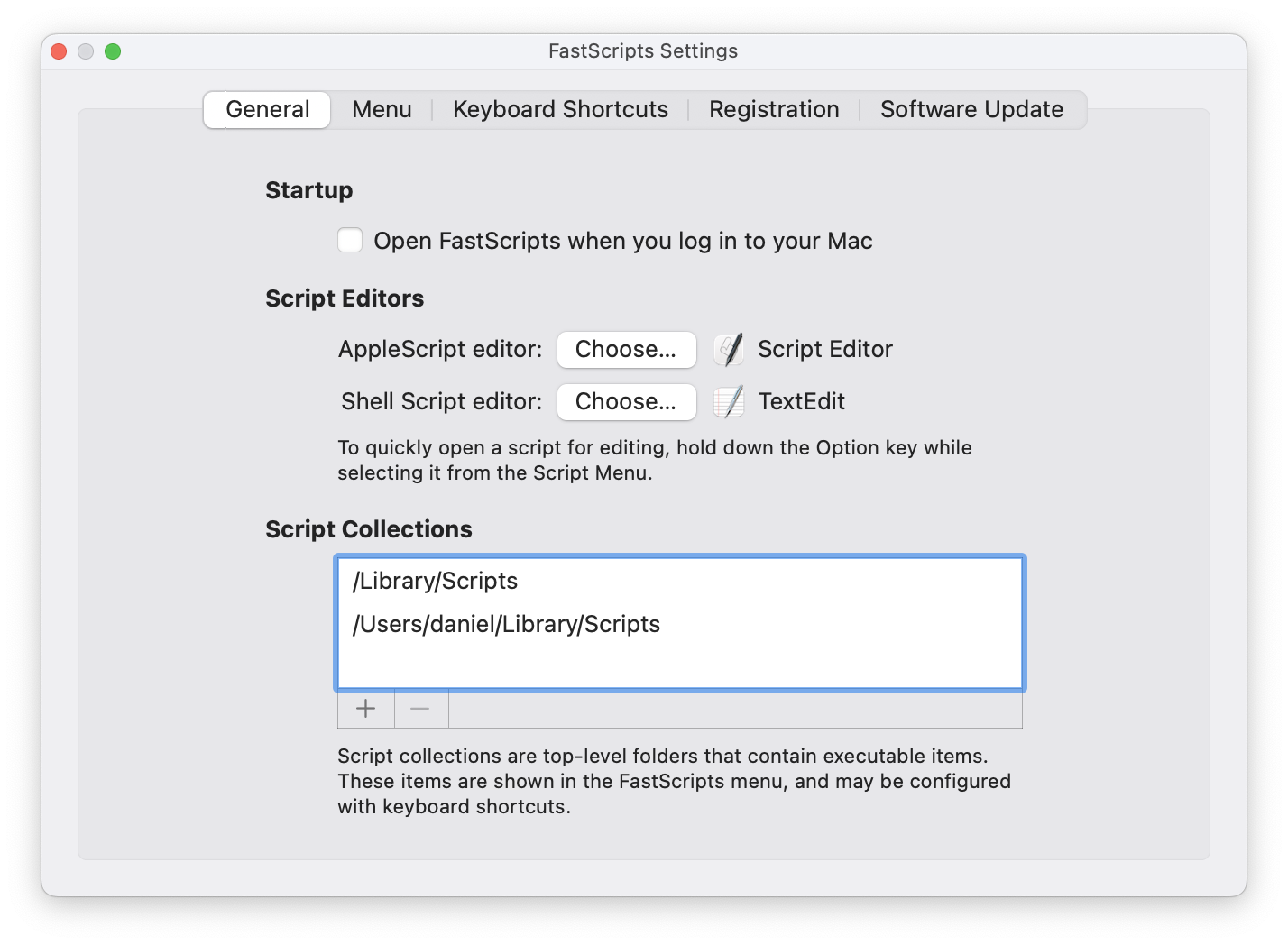 screenshot of the preferences window for FastScripts for Mac, including an option offering users the ability to add or remove script folders from the list of configured “script collections” used in the app.