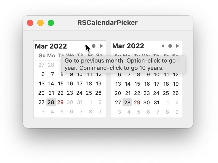 Screenshot of custom calendar interface with mouse cursor hovering over the "back" button and tooltip text displayed: "Go to previous month. Option-click to go 1 year. Command-click to go 10 years."