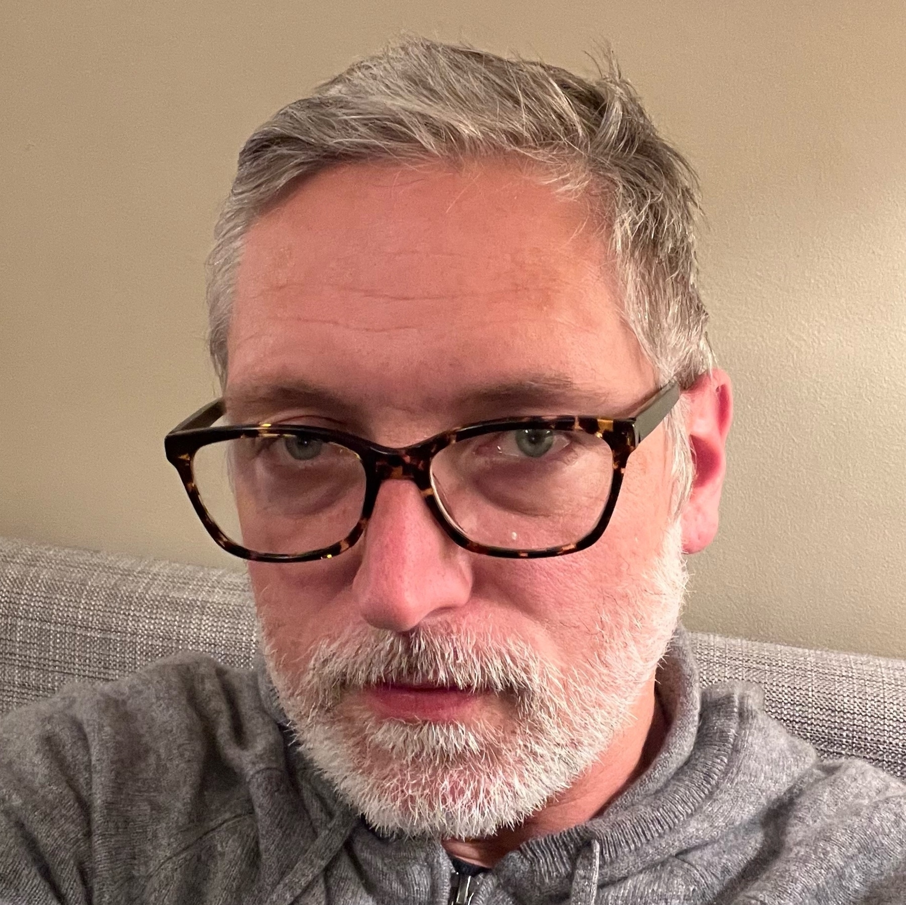 selfie slwearing a grey sweatshirt with beard and glasses