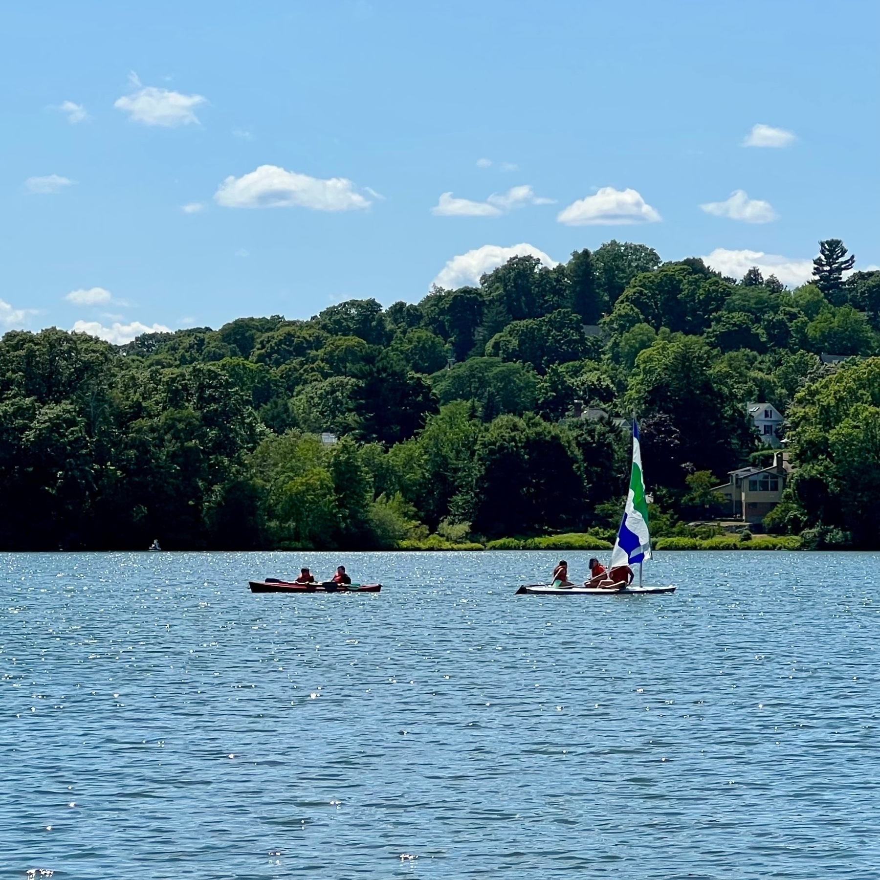 summer day on a lake with sailboat and kayak against trees and blue sky